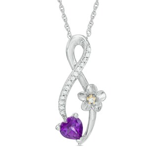 5.0mm Heart-Shaped Amethyst and Diamond Accent Infinity Flower Pendant in Sterling Silver and 10K Gold