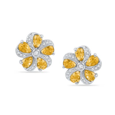 Pear-Shaped Citrine and 0.09 CT. T.W. Diamond Pinwheel Flower Stud Earrings in Sterling Silver