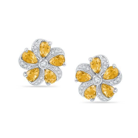 Pear-Shaped Citrine and 0.09 CT. T.W. Diamond Pinwheel Flower Stud Earrings in Sterling Silver