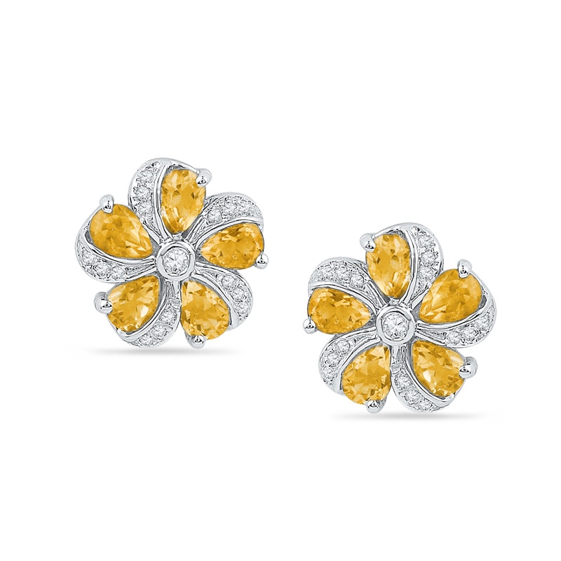 Pear-Shaped Citrine and 0.09 CT. T.W. Diamond Pinwheel Flower Stud Earrings in Sterling Silver|Peoples Jewellers