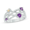 Amethyst and 0.15 CT. T.W. Diamond Layered Crossover Flower Ring in Sterling Silver and 10K Gold