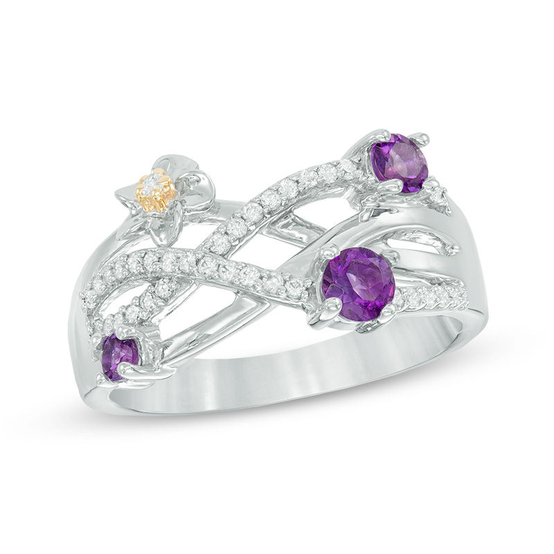 Amethyst and 0.15 CT. T.W. Diamond Layered Crossover Flower Ring in Sterling Silver and 10K Gold|Peoples Jewellers
