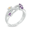 Thumbnail Image 1 of Amethyst and 0.15 CT. T.W. Diamond Layered Crossover Flower Ring in Sterling Silver and 10K Gold