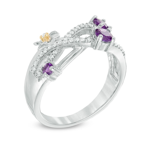 Amethyst and 0.15 CT. T.W. Diamond Layered Crossover Flower Ring in Sterling Silver and 10K Gold