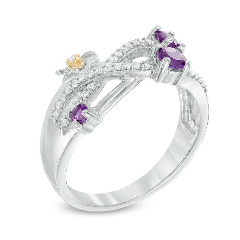 Amethyst and 0.15 CT. T.W. Diamond Layered Crossover Flower Ring in Sterling Silver and 10K Gold|Peoples Jewellers