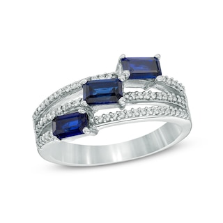 Emerald-Cut Lab-Created Blue Sapphire and 0.11 CT. T.W. Diamond Three Stone Slant Ring in Sterling Silver