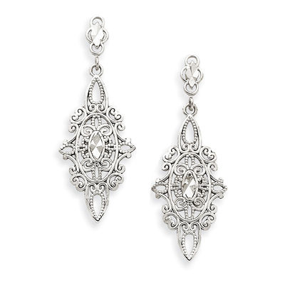 Diamond-Cut Beaded Ornate Drop Earrings in 14K White Gold