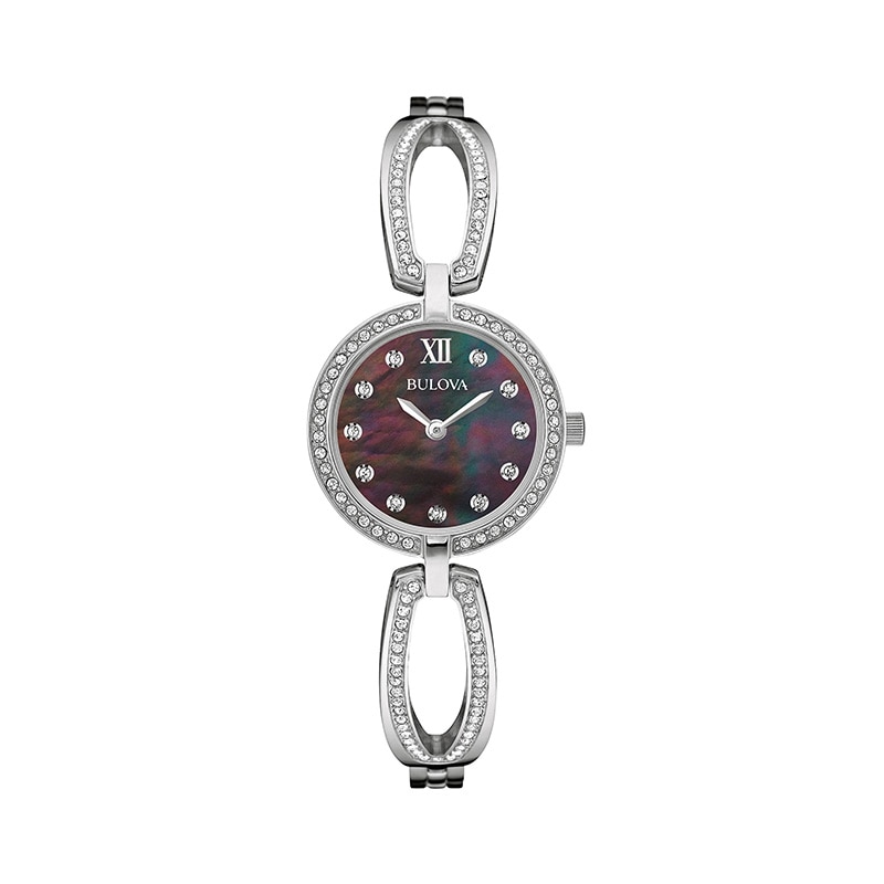 Ladies' Bulova Crystal Accent Bangle Watch with Black Mother-of-Pearl Dial (Model: 96L224)|Peoples Jewellers