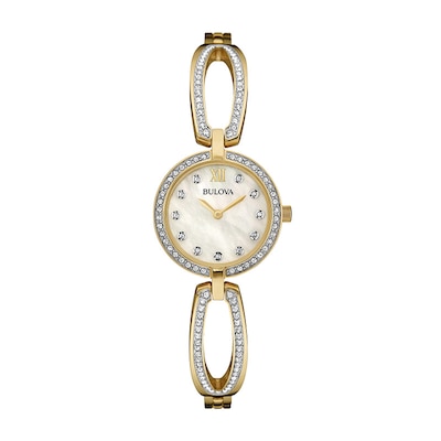 Ladies' Bulova Crystal Collection Gold-Tone Watch with Mother-of-Pearl Dial (Model: 98L225)