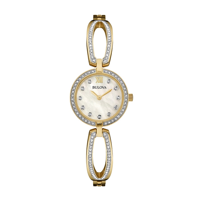 Ladies' Bulova Crystal Collection Gold-Tone Watch with Mother-of-Pearl Dial (Model: 98L225)