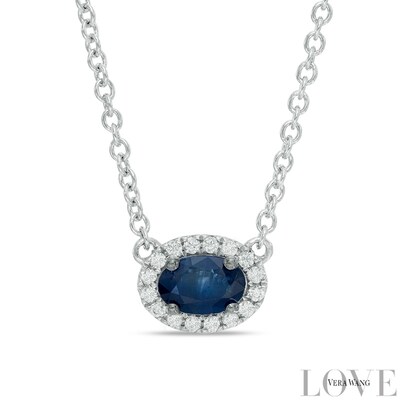 Vera Wang Love Collection Oval Blue Sapphire and 0.09 CT. T.W. Diamond Frame Necklace in 14K White Gold