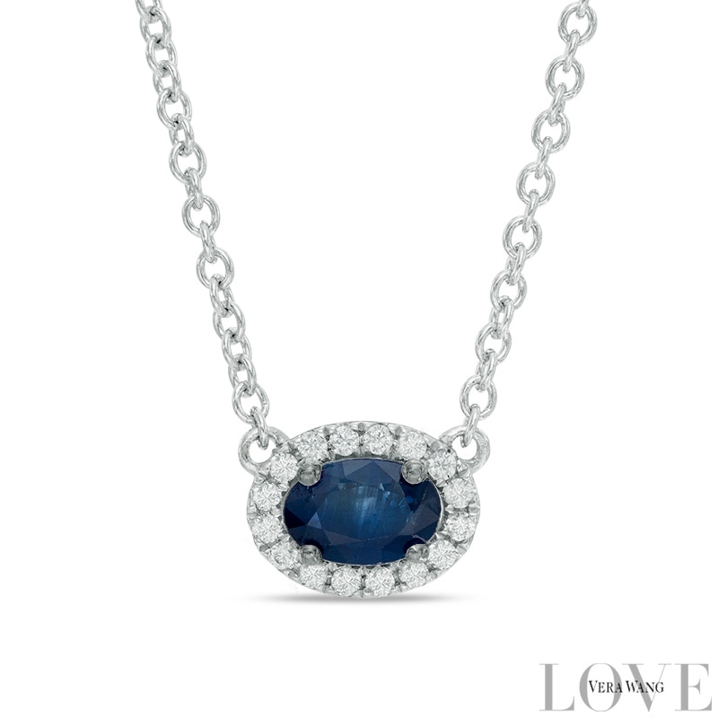Vera Wang Love Collection Oval Blue Sapphire and 0.09 CT. T.W. Diamond Frame Necklace in 14K White Gold|Peoples Jewellers