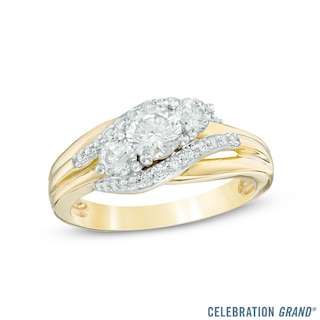 Celebration Canadian Ideal 1.00 CT. T.W. Certified Diamond Three Stone Slant Engagement Ring in 14K Gold (I/I1)