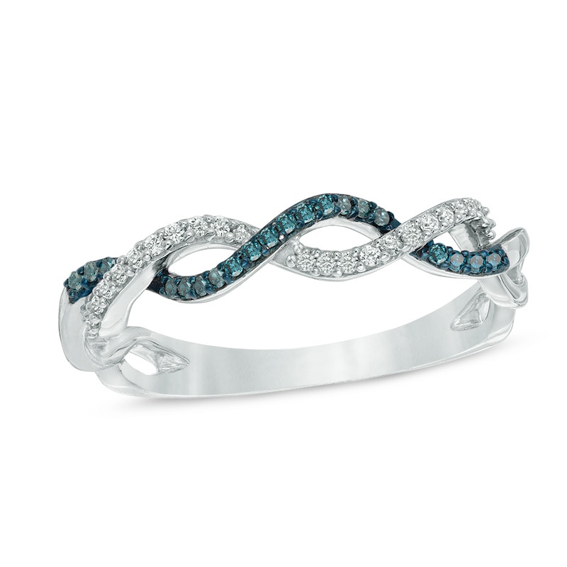 Main Image 1 of 0.15 CT. T.W. Blue Enhanced and White Diamond Twist Shank Band in 10K White Gold