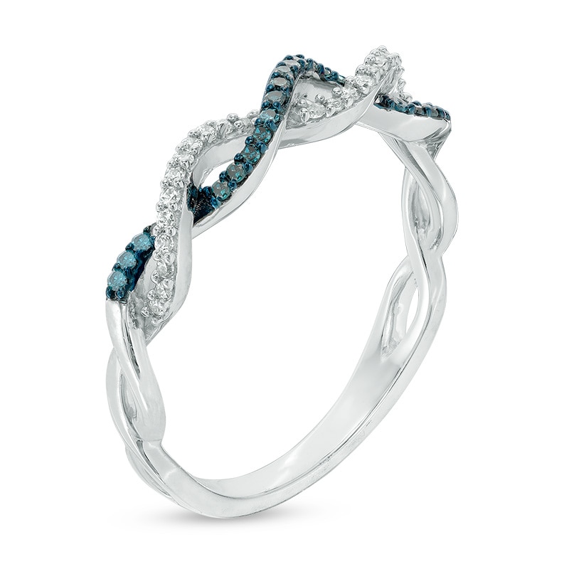 Main Image 2 of 0.15 CT. T.W. Blue Enhanced and White Diamond Twist Shank Band in 10K White Gold