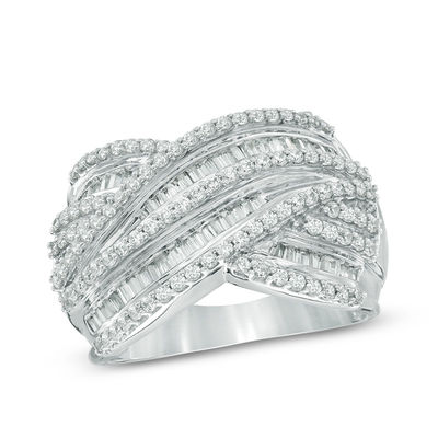 0.95 CT. T.W. Baguette Diamond Layered Criss-Cross Ring in 10K White Gold