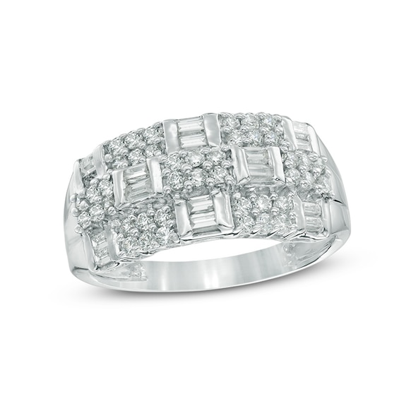 0.70 CT. T.W. Baguette and Round Diamond Alternating Row Ring in 10K White Gold