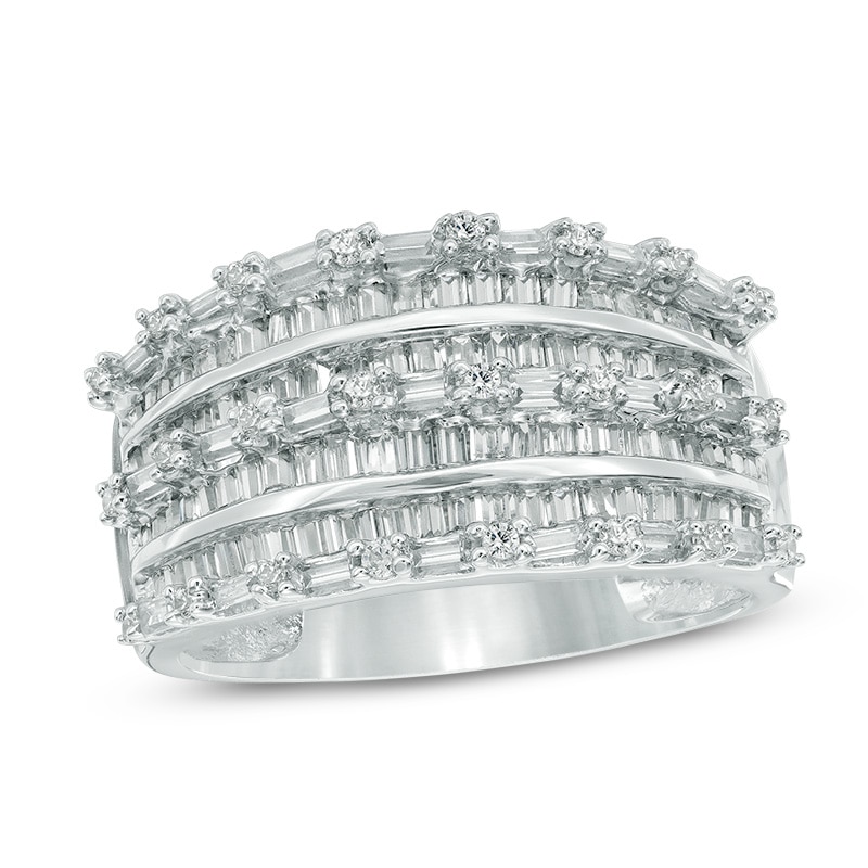 1.45 CT. T.W. Baguette and Round Diamond Multi-Row Ring in 10K White Gold|Peoples Jewellers