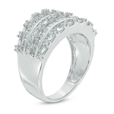 1.45 CT. T.W. Baguette and Round Diamond Multi-Row Ring in 10K White Gold