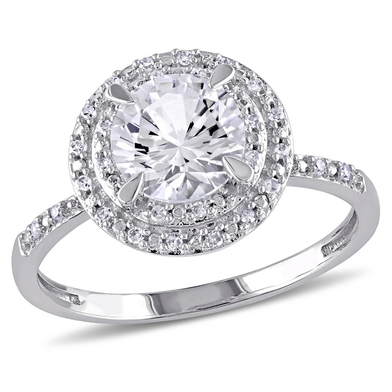 7.0mm Lab-Created White Sapphire and 0.09 CT. T.W. Diamond Double Frame Ring in 10K White Gold|Peoples Jewellers