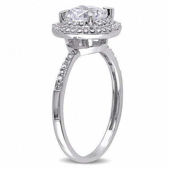 7.0mm Lab-Created White Sapphire and 0.09 CT. T.W. Diamond Double Frame Ring in 10K White Gold