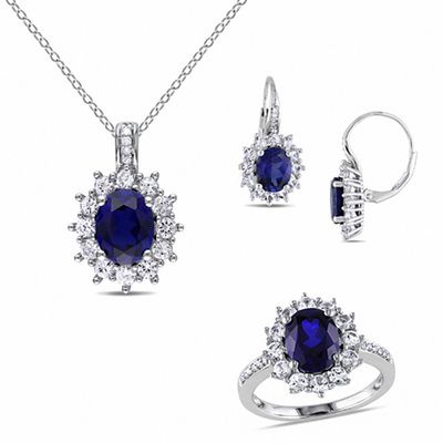 Oval Lab-Created Blue and White Sapphire with Diamond Accent Frame Pendant, Ring and Earrings Set in Sterling Silver - Size 7