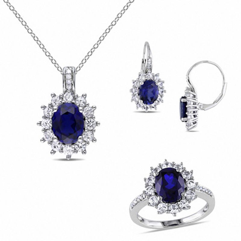 Oval Lab-Created Blue and White Sapphire with Diamond Accent Frame Pendant, Ring and Earrings Set in Sterling Silver - Size 7|Peoples Jewellers