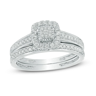 0.23 CT. T.W. Multi-Diamond Cushion Frame Bridal Set in 10K White Gold