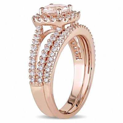 6.0mm Morganite and 0.62 CT. T.W. Diamond Square Frame Split Shank Bridal Set in 14K Rose Gold