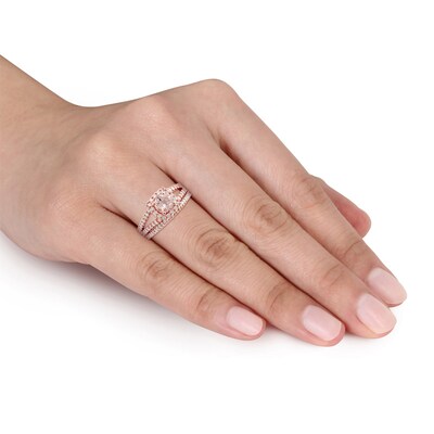 6.0mm Morganite and 0.62 CT. T.W. Diamond Square Frame Split Shank Bridal Set in 14K Rose Gold