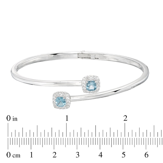 5.0mm Cushion-Cut Swiss Blue Topaz and Lab-Created White Sapphire Hinged Bypass Bangle in Sterling Silver - 7.25"