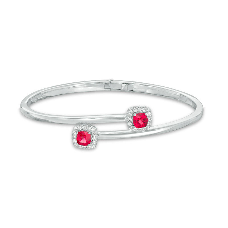 5.0mm Cushion-Cut Lab-Created Ruby and White Sapphire Frame Bypass Bangle in Sterling Silver - 7.25"