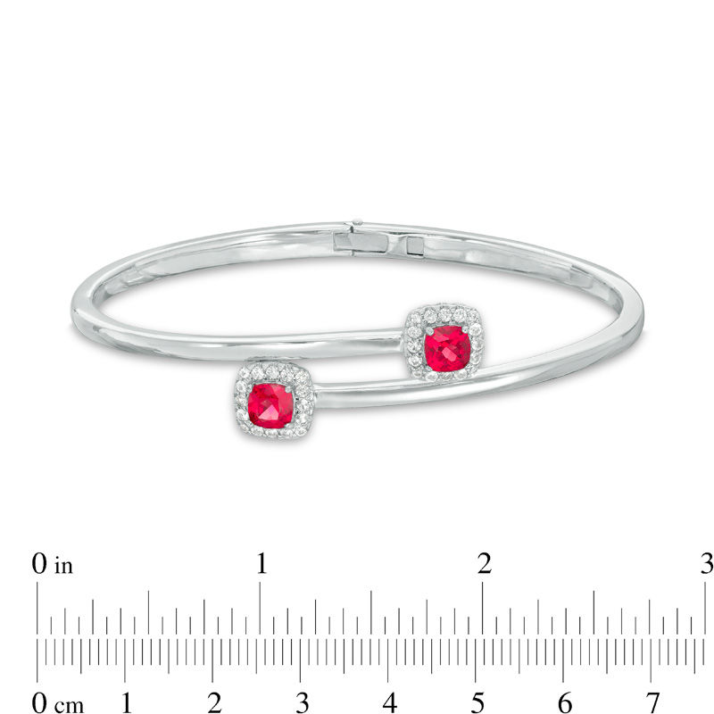 5.0mm Cushion-Cut Lab-Created Ruby and White Sapphire Frame Bypass Bangle in Sterling Silver - 7.25"