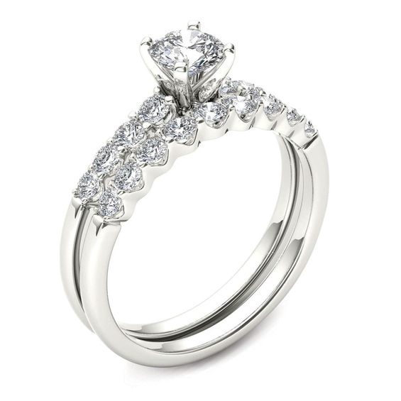 1.00 CT. T.W. Diamond Scallop Shank Bridal Set in 14K White Gold