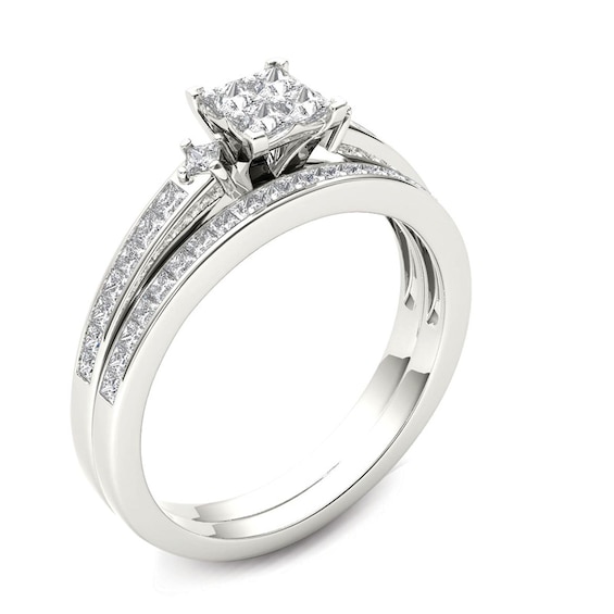 1.00 CT. T.W. Quad Princess-Cut Multi-Diamond Bridal Set in 14K Gold