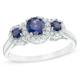 5.0mm Lab-Created Blue and White Sapphire Frame Three Stone Ring in 10K White Gold