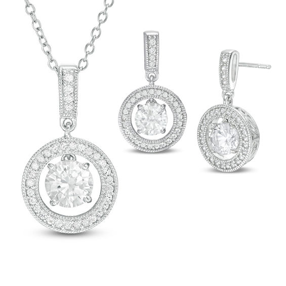 Lab-Created White Sapphire Frame Pendant and Drop Earrings Set in Sterling Silver