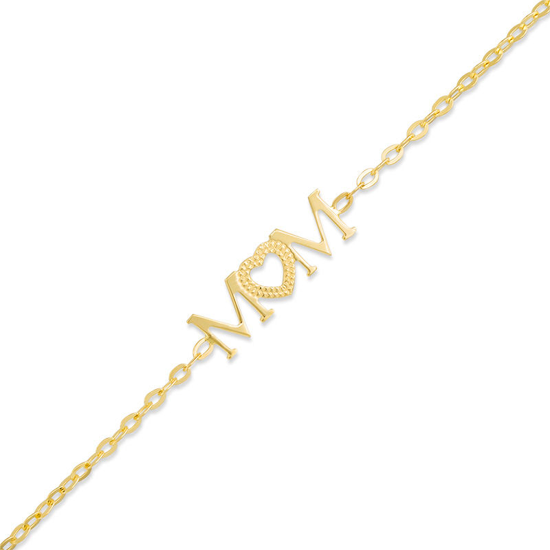 "MOM" with Heart Bracelet in 14K Gold