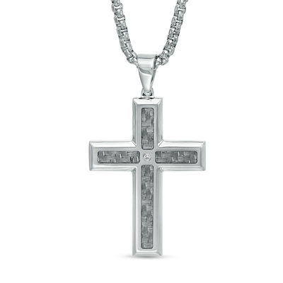 Men's Diamond Accent Grey Carbon Fibre Cross Pendant in Stainless Steel