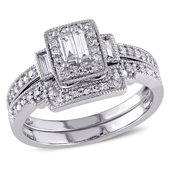 0.42 CT. T.W. Composite Diamond Square Frame Vintage-Style Bridal Set in 10K White Gold