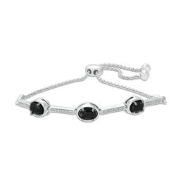 Oval Onyx and 0.09 CT. T.W. Diamond Three Stone Bar Bolo Bracelet in Sterling Silver - 9.5&quot;