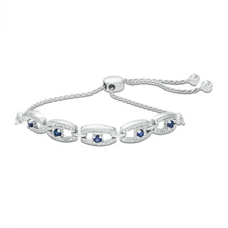 Lab-Created Blue Sapphire and 0.15 CT. T.W. Diamond Frame Five Stone Bolo Bracelet in Sterling Silver - 9.5"