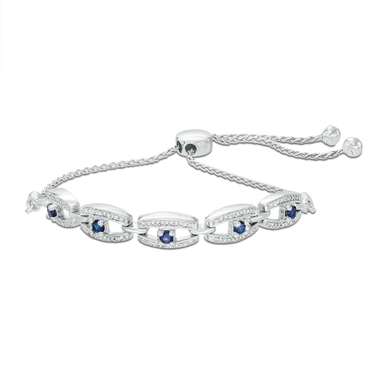 Lab-Created Blue Sapphire and 0.15 CT. T.W. Diamond Frame Five Stone Bolo Bracelet in Sterling Silver - 9.5"