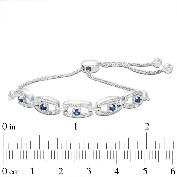 Lab-Created Blue Sapphire and 0.15 CT. T.W. Diamond Frame Five Stone Bolo Bracelet in Sterling Silver - 9.5"