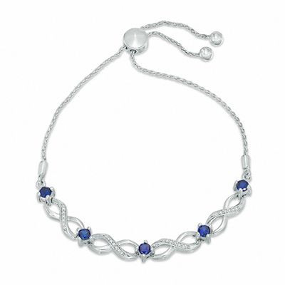 Lab-Created Blue Sapphire and 0.09 CT. T.W. Diamond Five Stone Infinity Bolo Bracelet in Sterling Silver - 9.5"