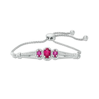 Oval Lab-Created Ruby and 0.18 CT. T.W. Diamond Three Stone Bolo Bracelet in Sterling Silver - 9.5"