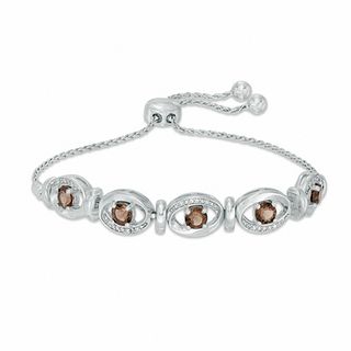 4.0mm Smoky Quartz and 0.09 CT. T.W. Diamond Frame Five Stone Bolo Bracelet in Sterling Silver - 9.5"