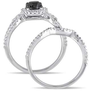 1.47 CT. T.W. Enhanced Black and White Diamond Frame Loop Shank Bridal Set in 10K White Gold