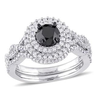 1.49 CT. T.W. Enhanced Black and White Diamond Double Frame Twist Shank Bridal Set in 10K White Gold