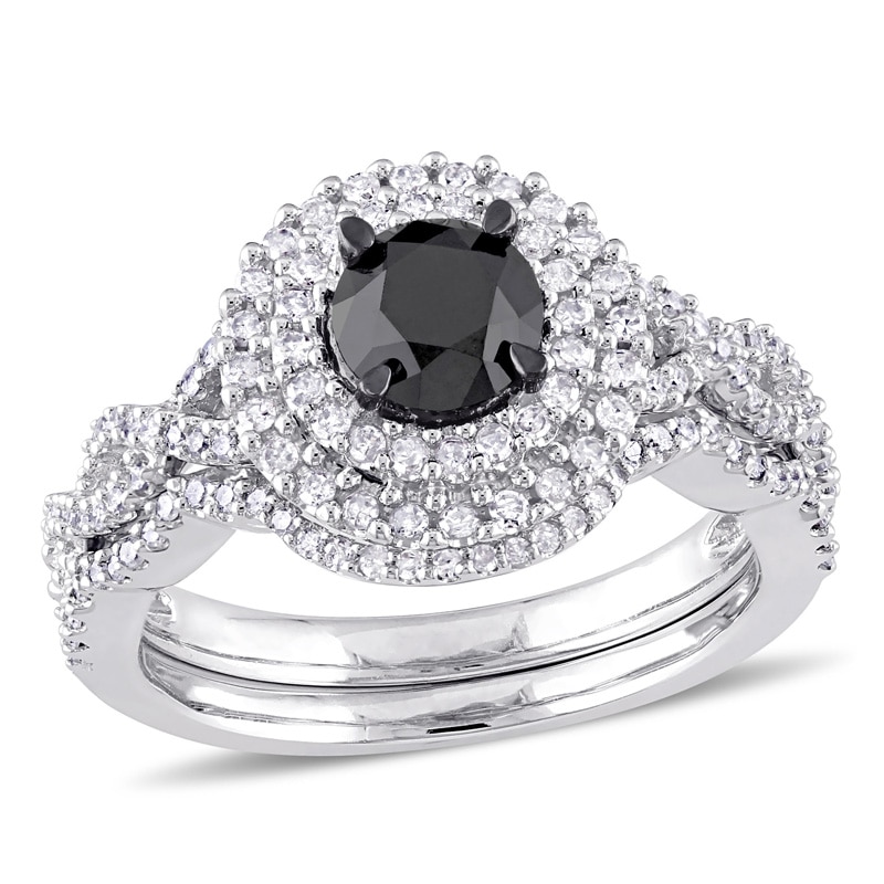 1.49 CT. T.W. Enhanced Black and White Diamond Double Frame Twist Shank Bridal Set in 10K White Gold|Peoples Jewellers